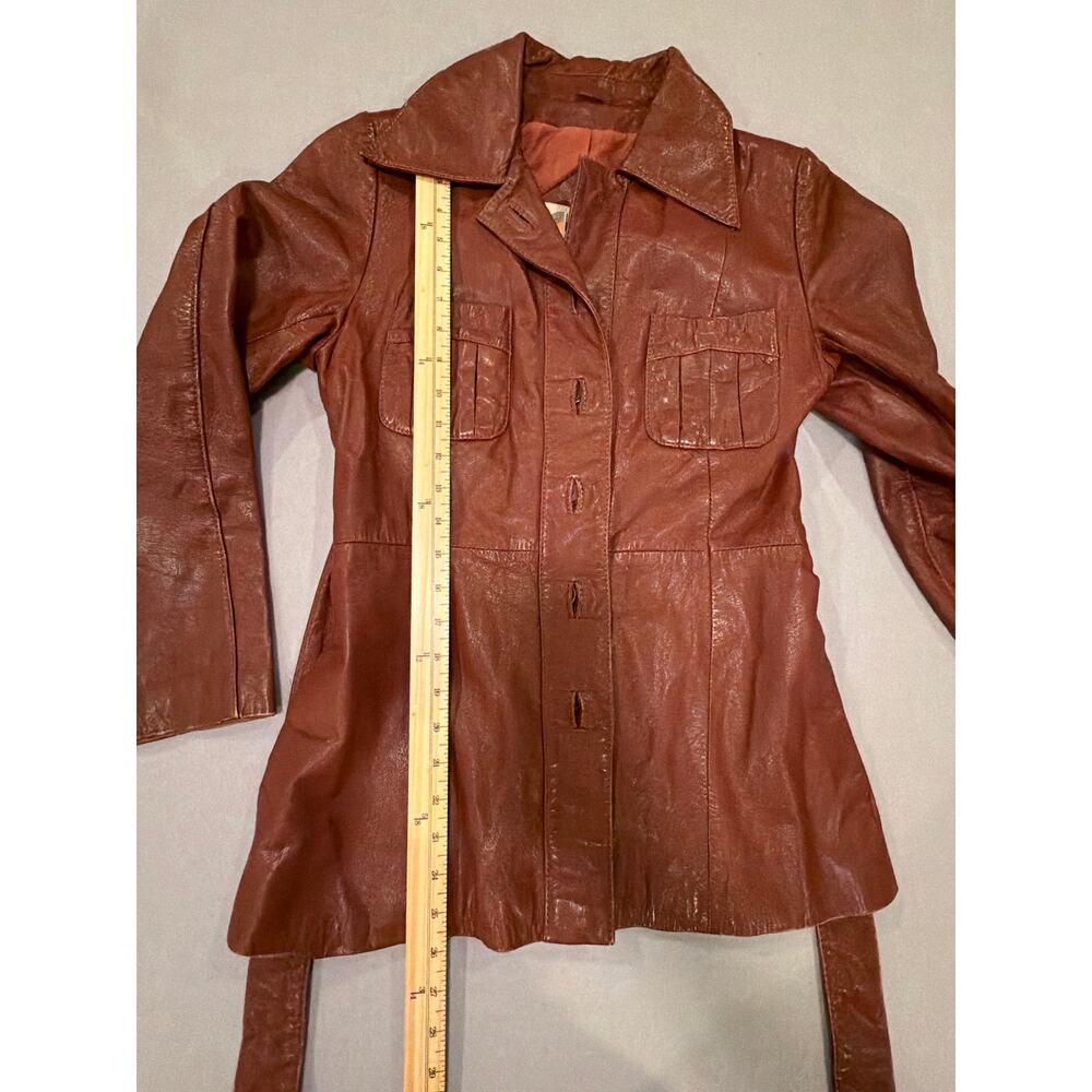 Vintage 70s Le Soleil Genuine Leather Jacket 7/8 Brown Belted Safari Coat - Picture 13 of 14